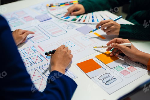 Preview: UX developer and ui designer brainstorming about mobile app interface wireframe design