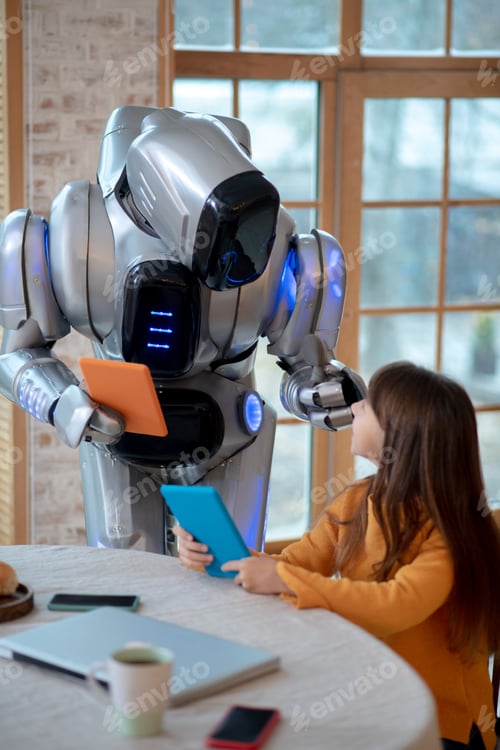 Preview: Robot with tablet in his hand discussing something with a girl