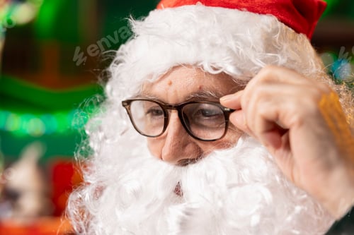 Preview: Santa Claus adjusts glasses, preparing to read festive holiday letters, closeup