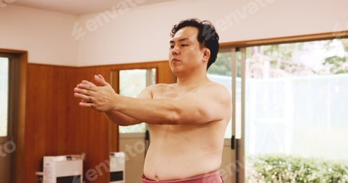 Preview: Man, ring and wrestler in Japan for sumo, fitness and exercise with preparation, skill and techniqu