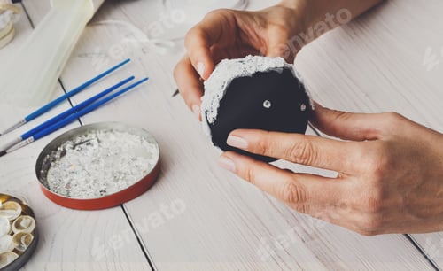 Preview: Creative Diy Hobby. Making Handmade Craft Black Stylish Christmas Balls With Lace. Woman'S Leisure
