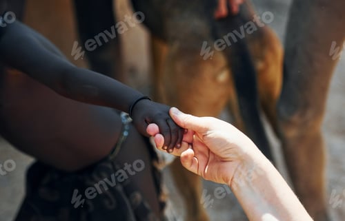 Preview: Touching hands, greetings gesture. Tourists is in Namibia with African kids