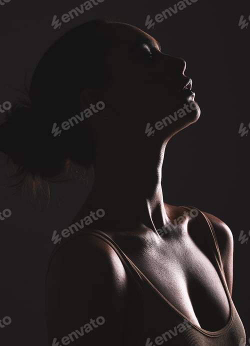 Preview: Woman beauty silhouette, face and dark, sexy with cosmetics and seductive fantasy with mysterious a
