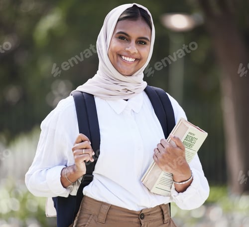 Preview: Student, happy and book with portrait of muslim woman on campus for college, studying and education