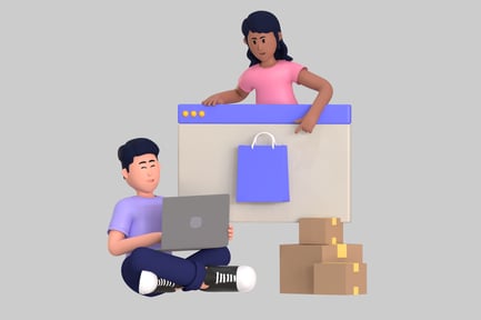 Preview: Cartoon illustration of two people shopping online.