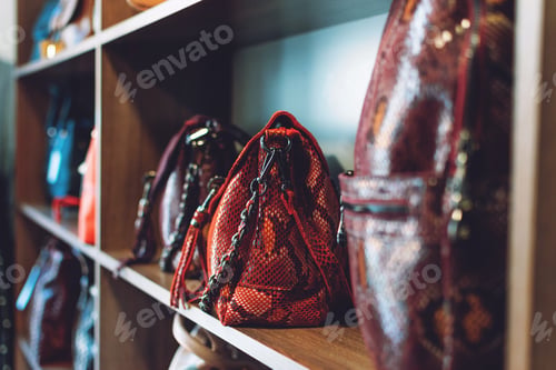 Preview: Fashion trend Snakeskin Print handbags on shelf in a store, shop. Sale, shopping, accessories