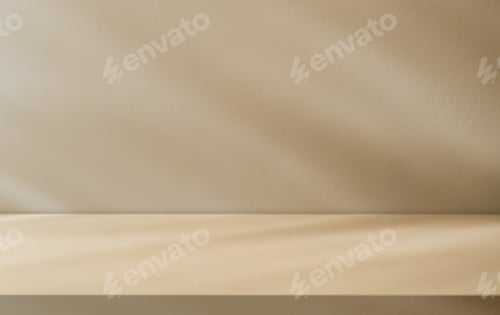 Vista previa: Fondo de estudio de cemento de pared y estante de suelo vacíos de color beige, fondo de estudio para interiores de pared marrón