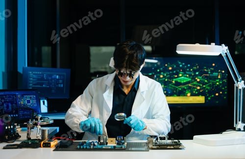 Preview: Technician inspecting computer motherboard with magnifying glass in a high-tech electronics