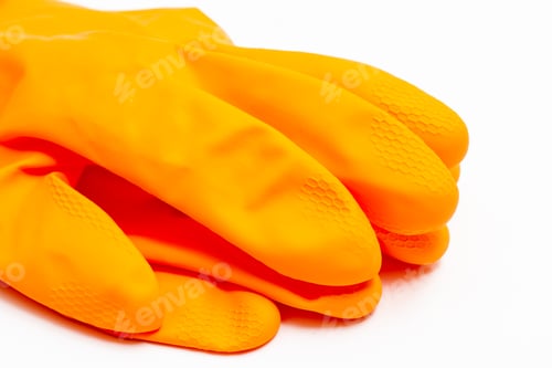 Preview: Cleaner concept, Orange rubber gloves for cleaning isolated on white background