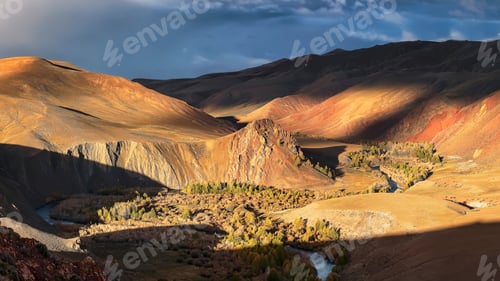 Preview: Valley with forest and river near Kokorya village Kosh-Agachsky District. Siberia. Altai, Russia