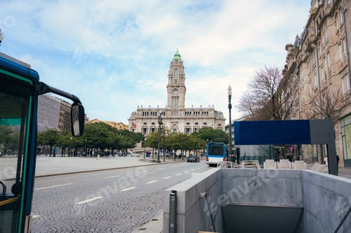 Preview: Majestic view of the historic Porto city hall in Portugal on a cloudy day