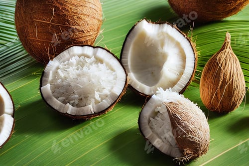 Preview: Set of natural coconut products for spa treatment,cosmetic or food ingredients decorated palm leaves