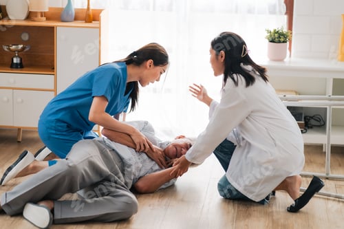Preview: Health insurance service, Young Asian caregiver nurse examine senior man or woman patient at home