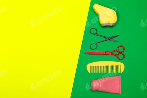 Preview: Bright tools for hair styling on colorful background ready for creative use