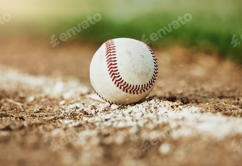 Preview: Baseball, sports and sport field on grass in nature on a outdoor training court. White ball on the