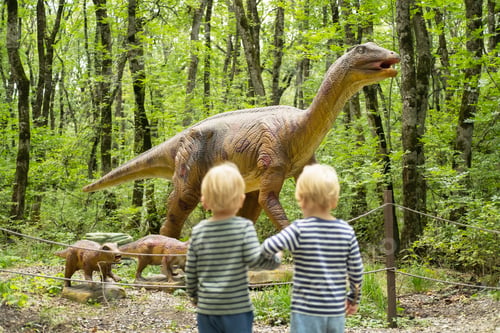 Preview: behind view two kid boys walking in forest at dinosaurs park. selective focus