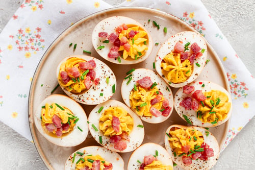 Preview: Spicy, stuffed ramen eggs, with bacon and green onions, homemade, no people,