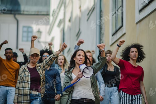 Preview: Group of people activists protesting on streets, strike, demonstration and coronavirus concept.