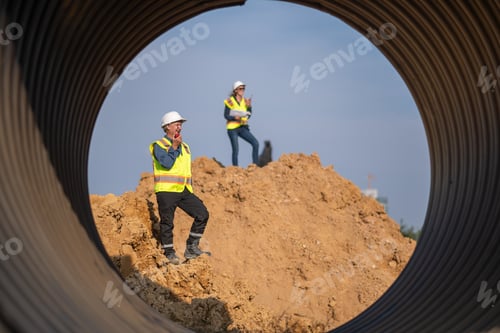 Preview: Construction surveyor or engineer working in pipe construction site
