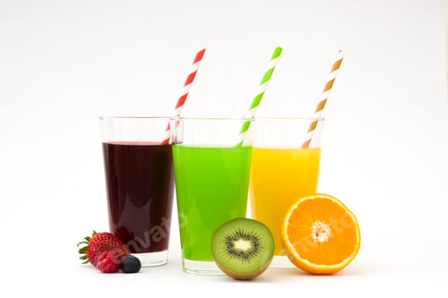 Preview: Colorful smoothies with paper straws and fresh fruits displaying refreshing concept