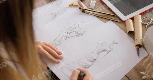 Preview: Crop shot of dressmaker drawing sketches