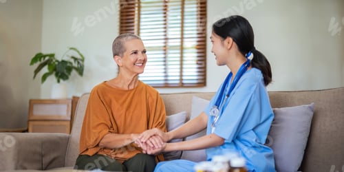 Preview: Empathy, trust and nurse caregiver holding hands with patient. consulting support and healthcare