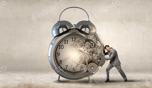 Preview: Businessman Making Effort To Move Alarm Clock