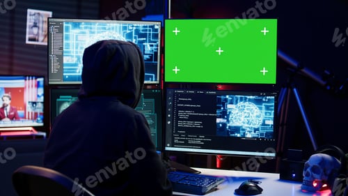 Preview: Hacker working on chroma key PC using artificial intelligence tech