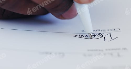 Preview: Hands, signing and person with document in office for onboarding process for new job. Paperwork, cl