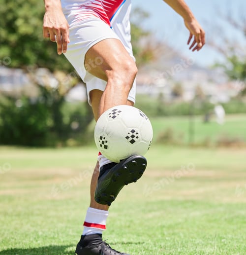 Preview: Soccer ball control, soccer player and practice skill on football field, competition games or sport