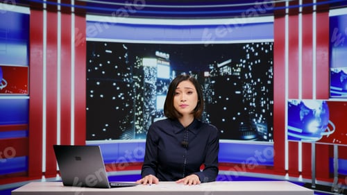 Preview: Asian news anchor hosting live broadcast