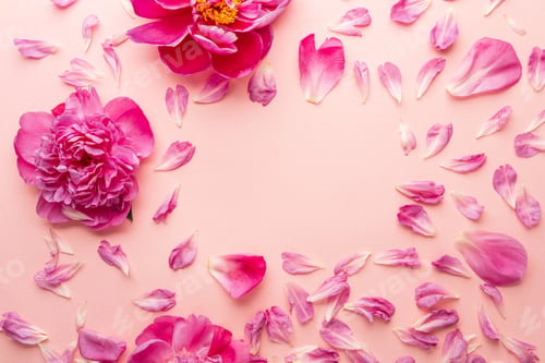 Preview: Pastel pink floral background with scattered petals and blooming peonies.Copyspace.