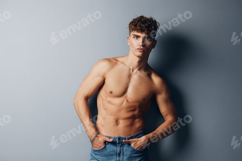 Preview: man gray curly guy torso healthy smile strong young male fit
