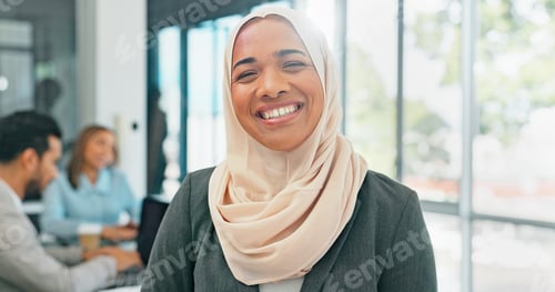 Preview: Face, muslim and mindset with a business woman in her office at work wearing a hijab for religion o