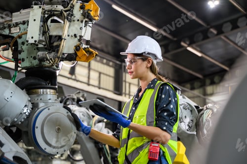 Preview: Female business owner engineer managing and checking work at factory