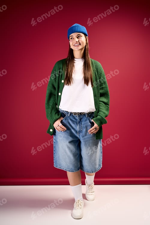 Preview: Trendy winter fashion showcase featuring a cheerful teenage girl in vibrant colors