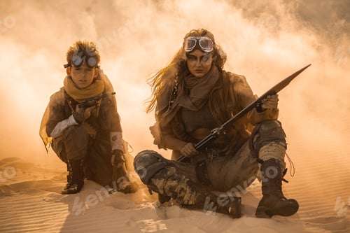 Preview: Post apocalyptic Woman and Boy Outdoors in a Wasteland