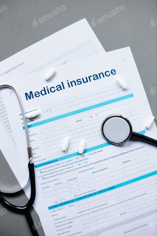 Preview: health insurance application. Stethoscope and health medical form