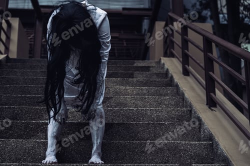 Preview: Ghost Woman Horror scene Death movie with Halloween Makeup standing on Ladder in Abandoned house.