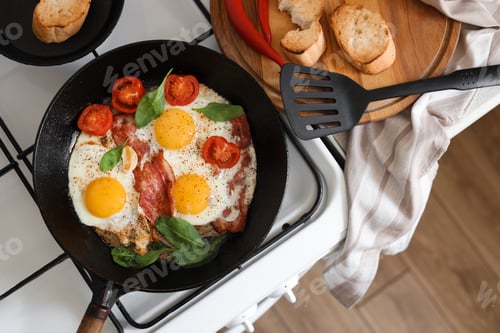 Preview: Delicious fried eggs with bacon and tomatoes in pan on stove, top view