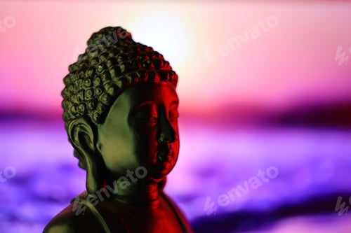 Preview: Buddha Purnima and Vesak day concept, Buddha statue with low key light against