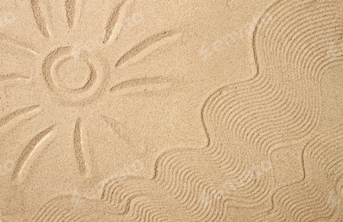 Preview: drawing on sand, sun, waves, top view, no people, summer , vacation, travel,