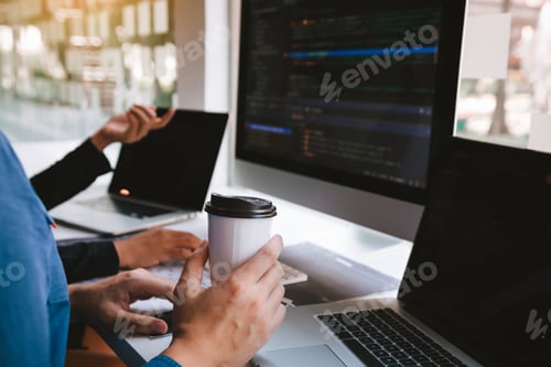 Preview: Working in the morning with businessmen are dipping coffee that works with software developers to an