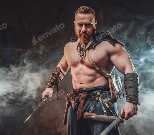 Preview: Wild nordic barbarian with hatchet and knife in smokey background