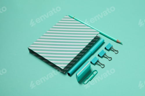 Preview: Concept of different stationery accessories, stationery accessories for office work