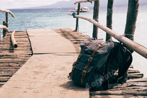 Preview: Backpack bags put down on coastline wooden bridge over blue natural seashore