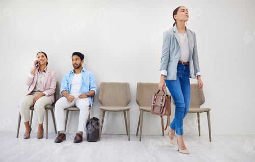 Preview: Business people, waiting room and chairs in hiring, row or opportunity together at office. Group of