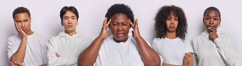 Preview: Collage image of dark skinned woman keeps hands on temples suffers from headache Hindu man standing