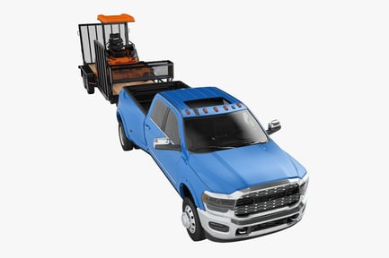 Preview: Blue Pickup Truck with Landscape Trailer and Riding Mower