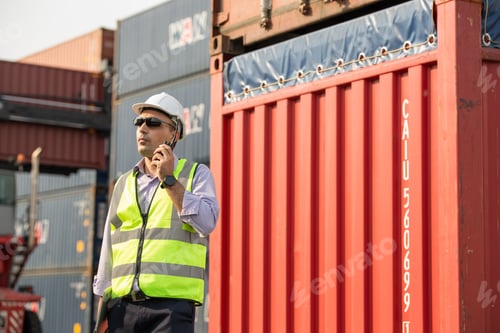 Preview: Logistic or engineer foreman talking on walkie-talkie with colleague in container warehouse.